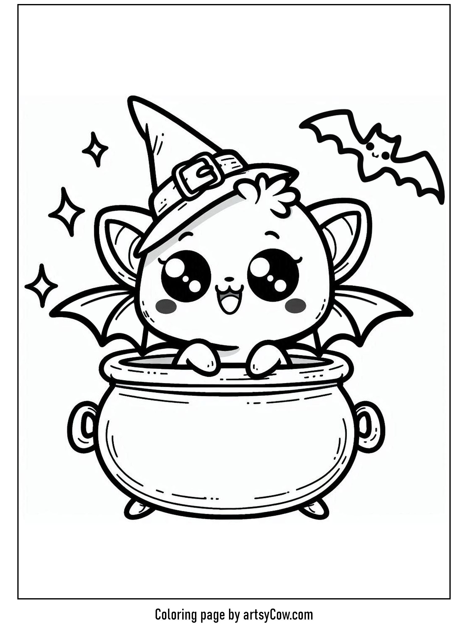 halloween coloring pages with bats: a whimsical image featuring an adorable bat wearing a witch's hat seated joyfully in a cauldron, with stars twinkling around and another bat flying nearby.